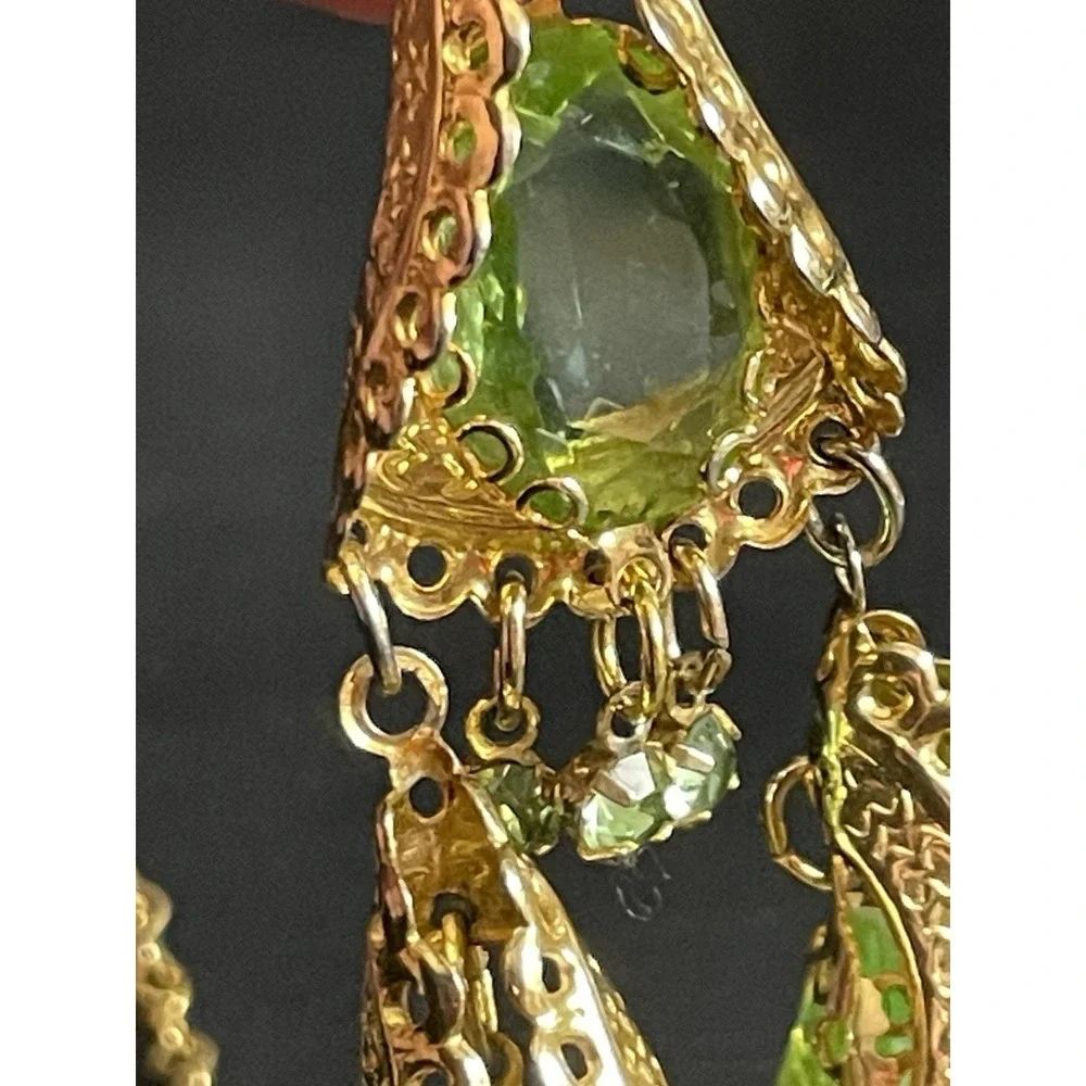 Vintage PARK LANE Necklace Rhinestone Green Gold Tone 22" Long Statement GLOW - Picture 8 of 16